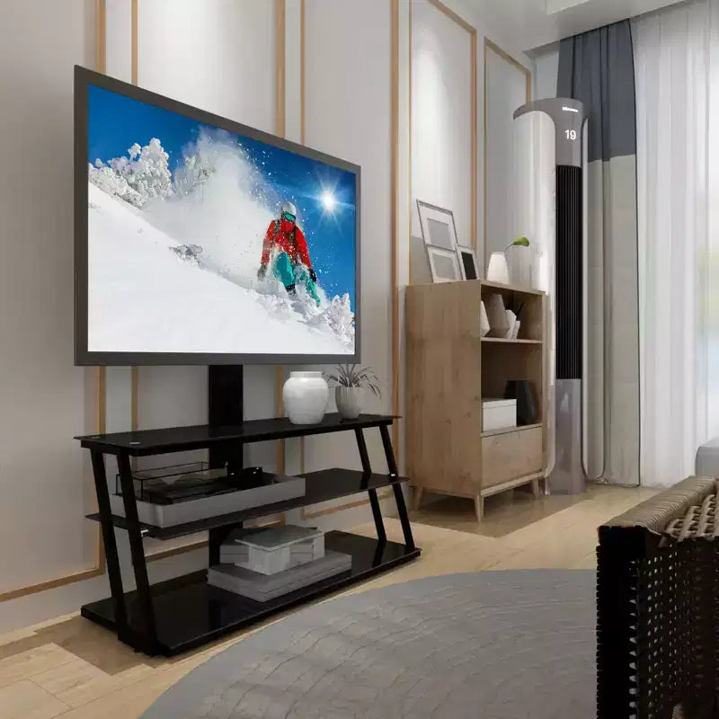 Supporto TV multifunzione regolabile in altezza e angolazione, colore nero, in vetro temperato, con funzione girevole e gestione cavi