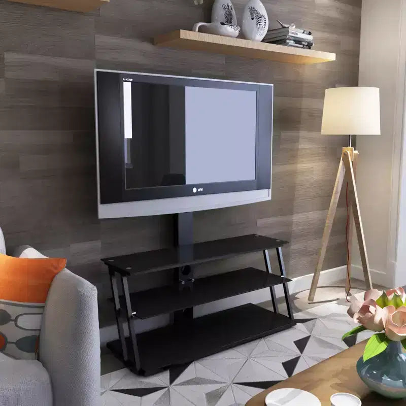 Supporto TV multifunzione regolabile in altezza e angolazione, colore nero, in vetro temperato, con funzione girevole e gestione cavi