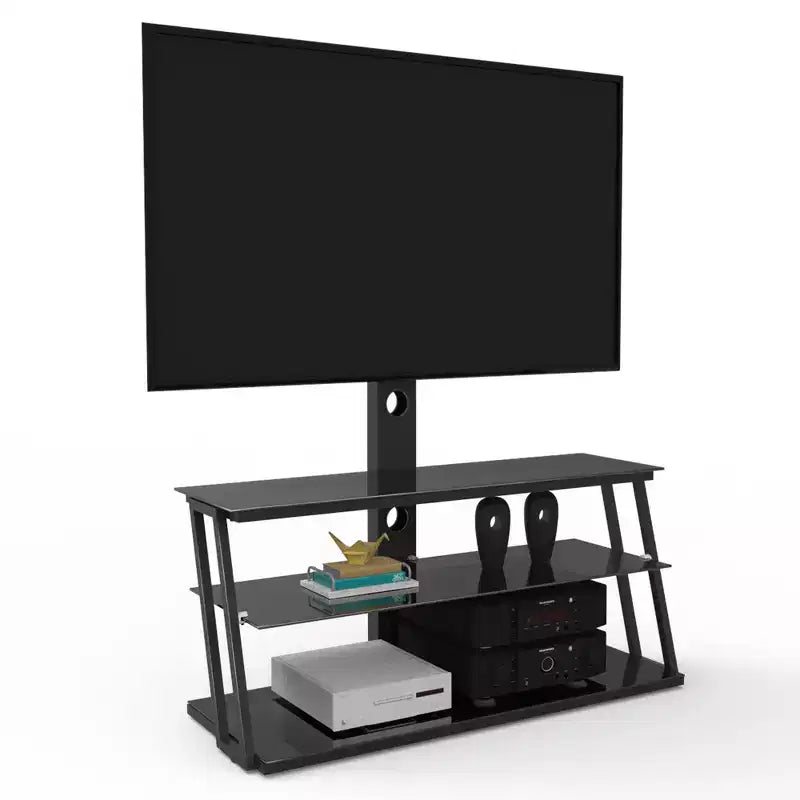 Supporto TV multifunzione regolabile in altezza e angolazione, colore nero, in vetro temperato, con funzione girevole e gestione cavi