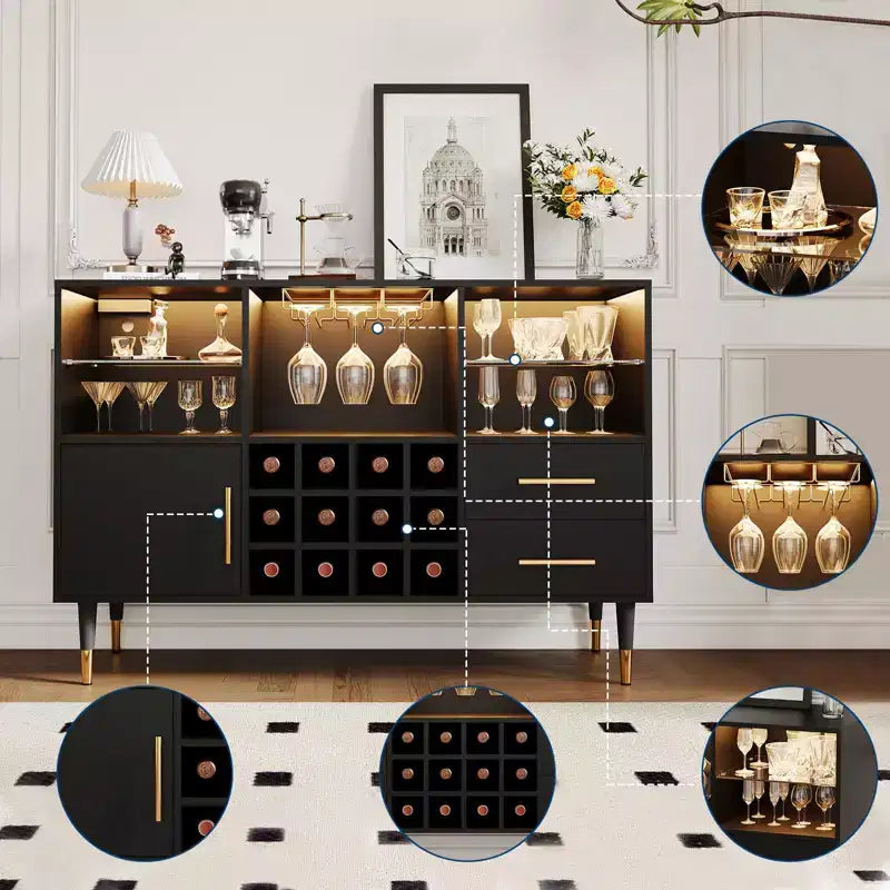 TROPOW Armadietto da vino da 47 pollici, credenza da cucina moderna, buffet, mobile bar in legno per liquori e caffetteria e portabottiglie per soggiorno