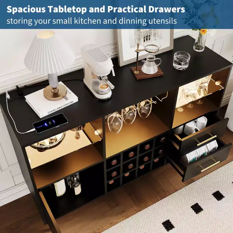 TROPOW Armadietto da vino da 47 pollici, credenza da cucina moderna, buffet, mobile bar in legno per liquori e caffetteria e portabottiglie per soggiorno
