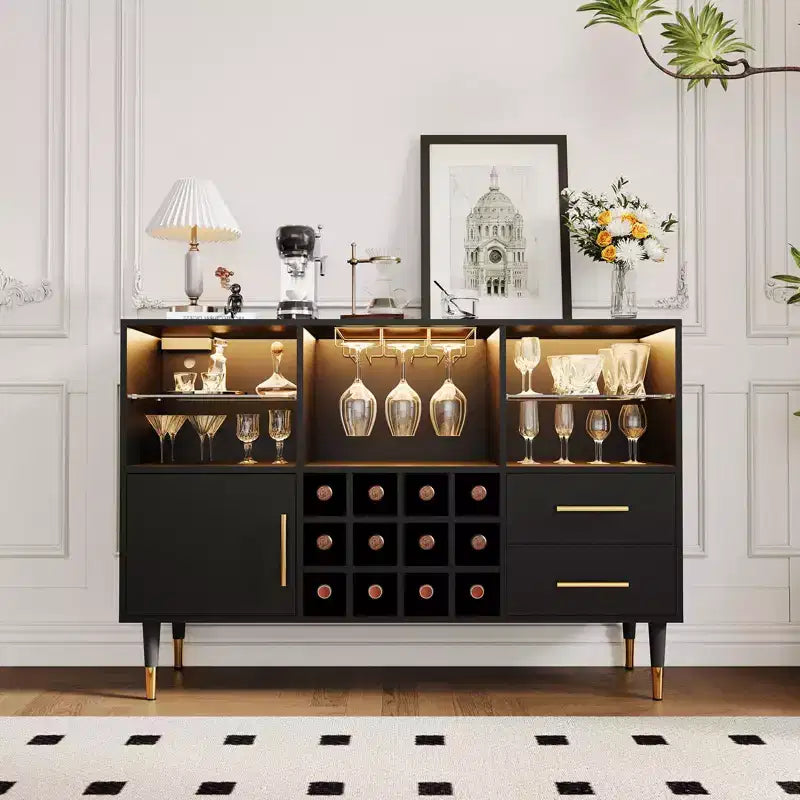TROPOW Armadietto da vino da 47 pollici, credenza da cucina moderna, buffet, mobile bar in legno per liquori e caffetteria e portabottiglie per soggiorno