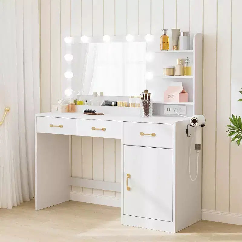 Acekool Makeup Vanity Desk with Mirror, Charging Station, 3 Drawers, Cabinet & Open Shelves, Dressing Table for Bedroom, White