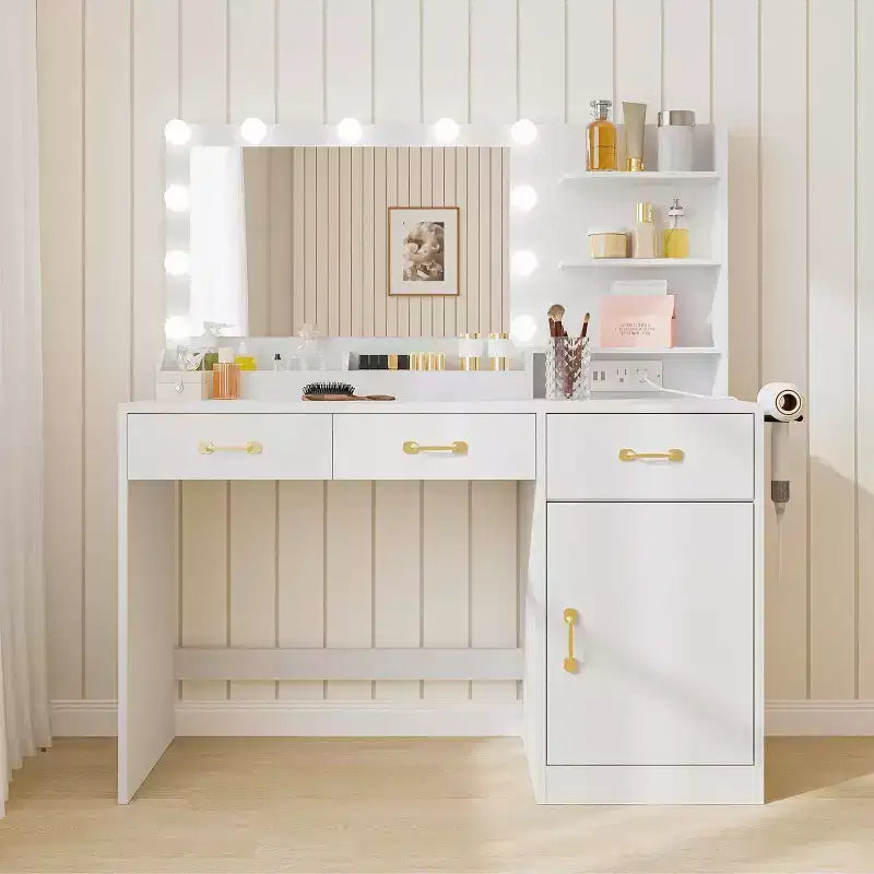 Acekool Scrivania da Trucco con Specchio, Stazione di Ricarica, 3 Cassetti, Mobiletto e Ripiani Aperti, Toeletta per Camera da Letto, Bianco