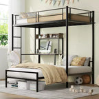 Twin-Over-Twin L-Shaped Metal Bunk Bed with Desk, Charging Station, Storage Shelves, Bookcase, and Safety Guardrails, Black
