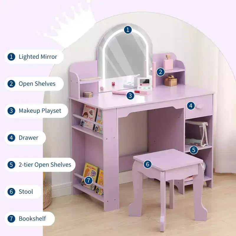 Toeletta per Bambini con Specchio Illuminato, Toeletta per Bambine con Luce LED Regolabile, Cassetto e Ripiani Aperti per Bambine dai 3 ai 9 Anni
