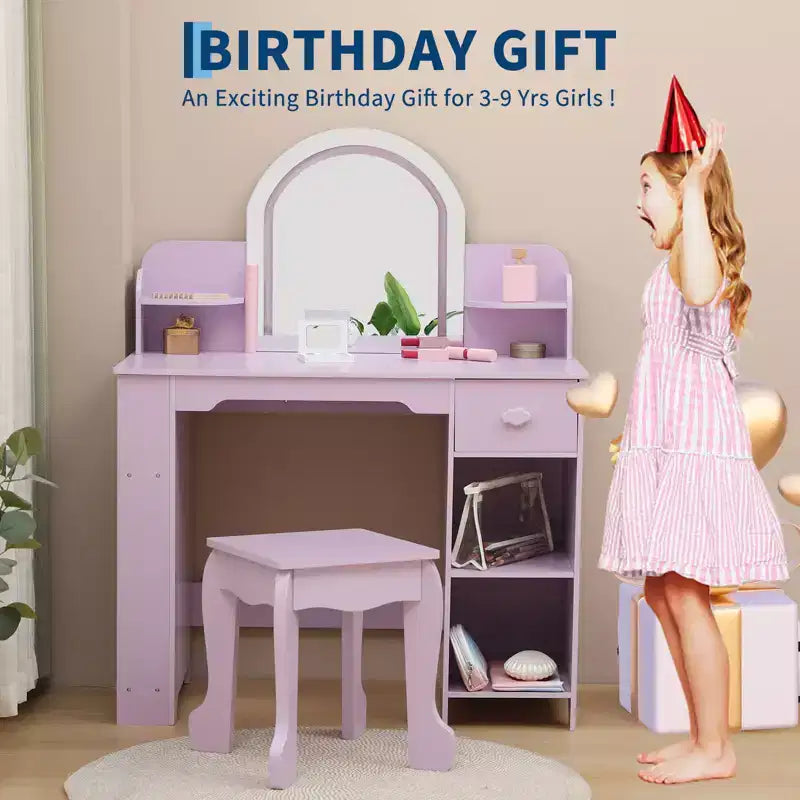 Toeletta per Bambini con Specchio Illuminato, Toeletta per Bambine con Luce LED Regolabile, Cassetto e Ripiani Aperti per Bambine dai 3 ai 9 Anni