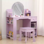 Toeletta per Bambini con Specchio Illuminato, Toeletta per Bambine con Luce LED Regolabile, Cassetto e Ripiani Aperti per Bambine dai 3 ai 9 Anni