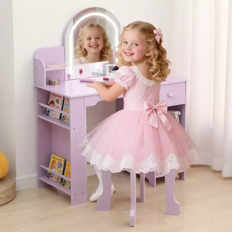 Toeletta per Bambini con Specchio Illuminato, Toeletta per Bambine con Luce LED Regolabile, Cassetto e Ripiani Aperti per Bambine dai 3 ai 9 Anni