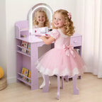 Toeletta per Bambini con Specchio Illuminato, Toeletta per Bambine con Luce LED Regolabile, Cassetto e Ripiani Aperti per Bambine dai 3 ai 9 Anni