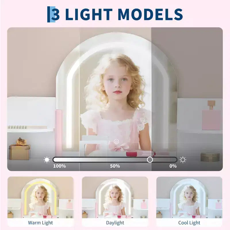 Toeletta per Bambini con Specchio Illuminato, Toeletta per Bambine con Luce LED Regolabile, Cassetto e Ripiani Aperti per Bambine dai 3 ai 9 Anni