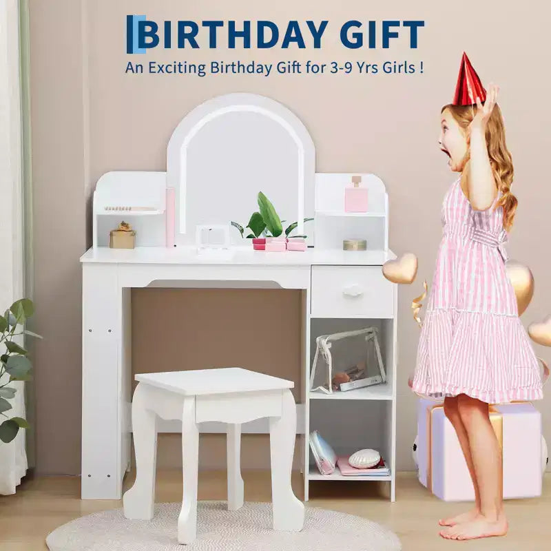 Toeletta per Bambini con Specchio Illuminato, Toeletta per Bambine con Luce LED Regolabile, Cassetto e Ripiani Aperti per Bambine dai 3 ai 9 Anni