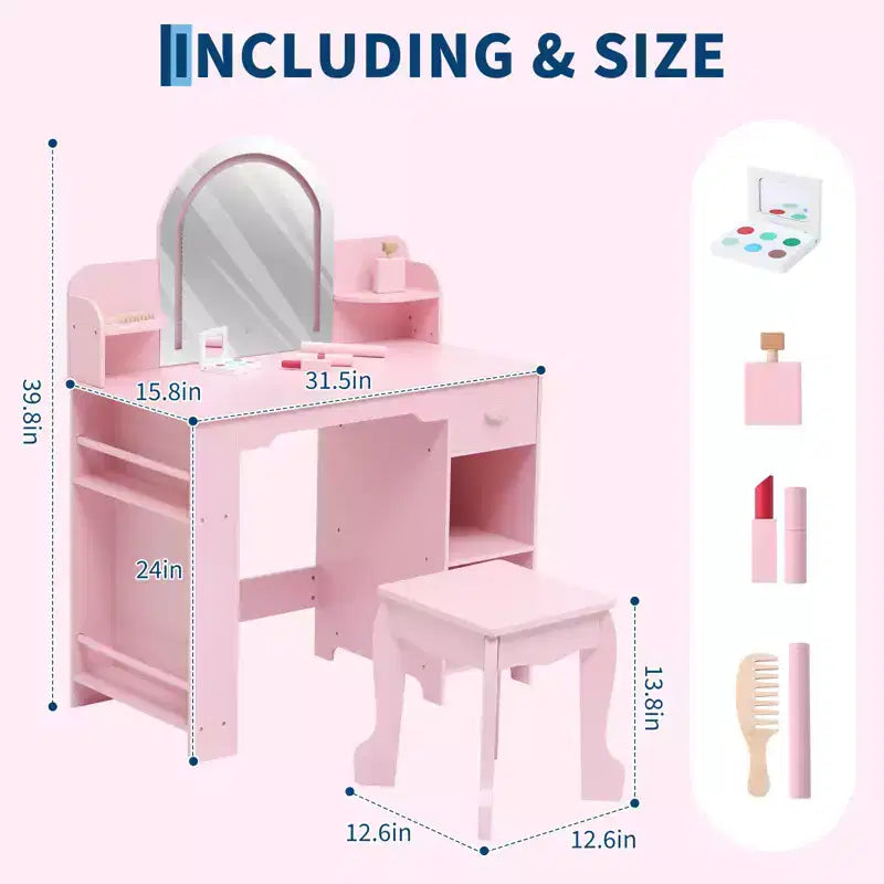Toeletta per Bambini con Specchio Illuminato, Toeletta per Bambine con Luce LED Regolabile, Cassetto e Ripiani Aperti per Bambine dai 3 ai 9 Anni