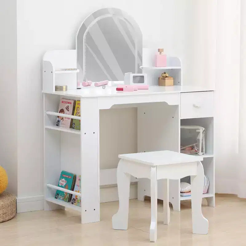 Toeletta per Bambini con Specchio Illuminato, Toeletta per Bambine con Luce LED Regolabile, Cassetto e Ripiani Aperti per Bambine dai 3 ai 9 Anni