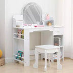 Toeletta per Bambini con Specchio Illuminato, Toeletta per Bambine con Luce LED Regolabile, Cassetto e Ripiani Aperti per Bambine dai 3 ai 9 Anni
