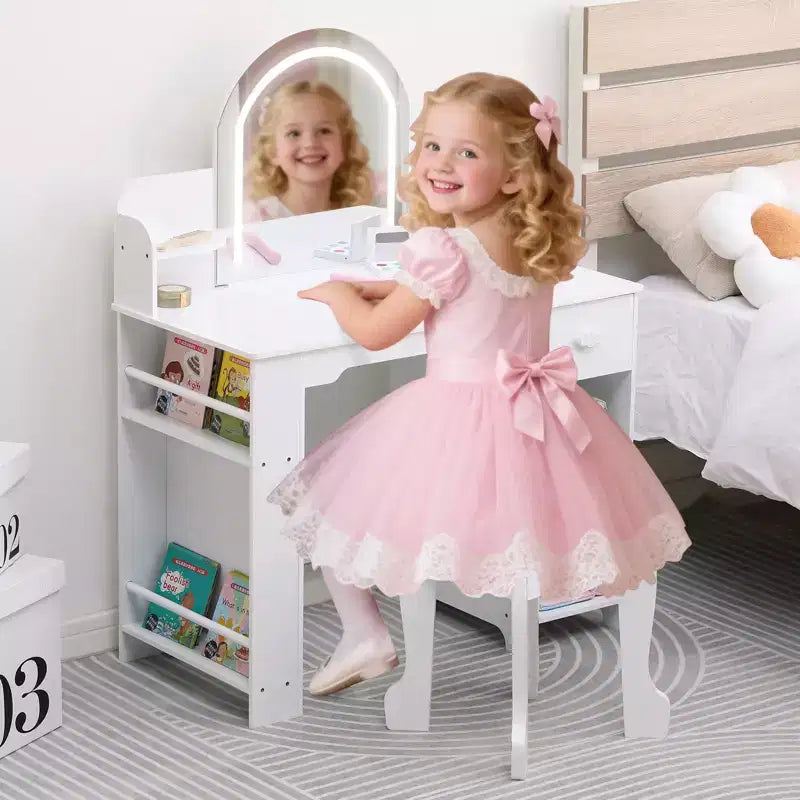 Toeletta per Bambini con Specchio Illuminato, Toeletta per Bambine con Luce LED Regolabile, Cassetto e Ripiani Aperti per Bambine dai 3 ai 9 Anni