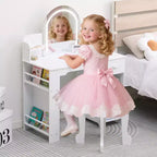 Toeletta per Bambini con Specchio Illuminato, Toeletta per Bambine con Luce LED Regolabile, Cassetto e Ripiani Aperti per Bambine dai 3 ai 9 Anni