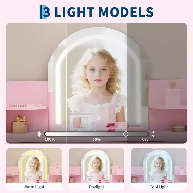 Toeletta per Bambini con Specchio Illuminato, Toeletta per Bambine con Luce LED Regolabile, Cassetto e Ripiani Aperti per Bambine dai 3 ai 9 Anni