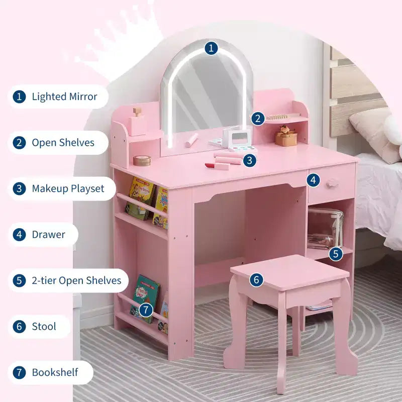Toeletta per Bambini con Specchio Illuminato, Toeletta per Bambine con Luce LED Regolabile, Cassetto e Ripiani Aperti per Bambine dai 3 ai 9 Anni