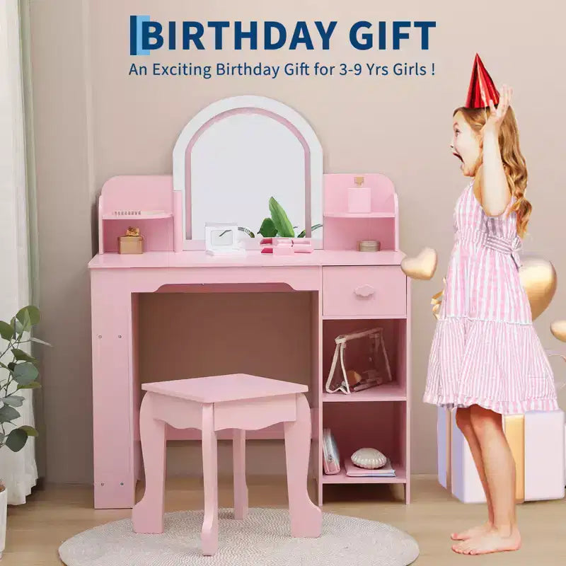 Toeletta per Bambini con Specchio Illuminato, Toeletta per Bambine con Luce LED Regolabile, Cassetto e Ripiani Aperti per Bambine dai 3 ai 9 Anni