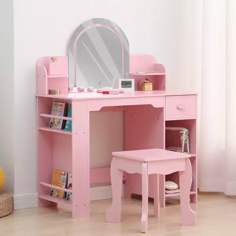 Toeletta per Bambini con Specchio Illuminato, Toeletta per Bambine con Luce LED Regolabile, Cassetto e Ripiani Aperti per Bambine dai 3 ai 9 Anni