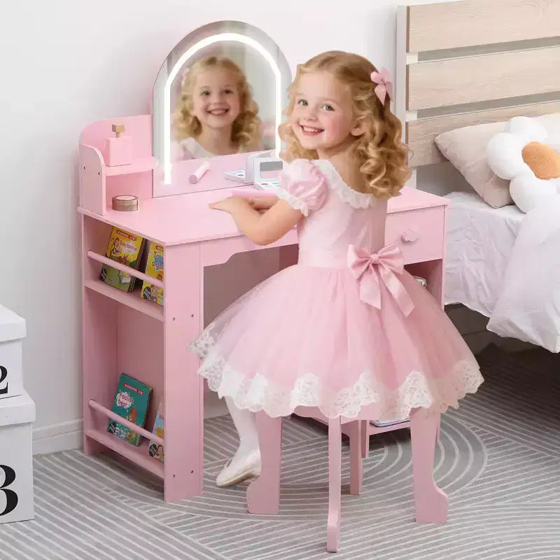 Toeletta per Bambini con Specchio Illuminato, Toeletta per Bambine con Luce LED Regolabile, Cassetto e Ripiani Aperti per Bambine dai 3 ai 9 Anni