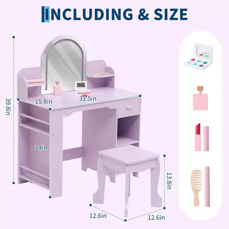 Toeletta per Bambini con Specchio Illuminato, Toeletta per Bambine con Luce LED Regolabile, Cassetto e Ripiani Aperti per Bambine dai 3 ai 9 Anni