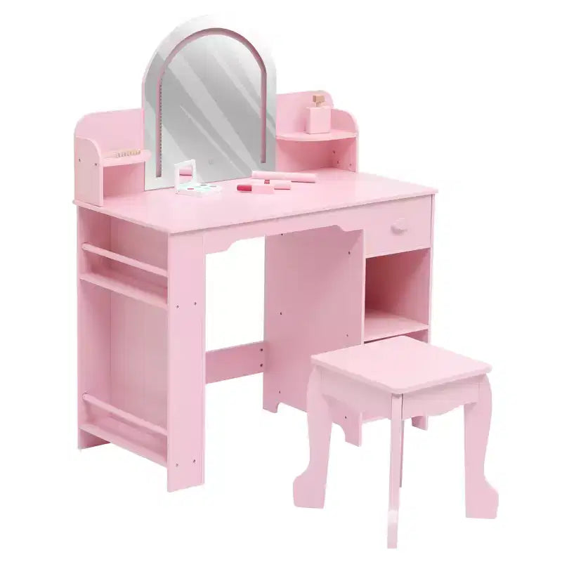 Kids Vanity with Lighted Mirror, Little Girls Vanity with Adjustable LED Light, Drawer & Open Shelves for 3-9 Yrs Girls