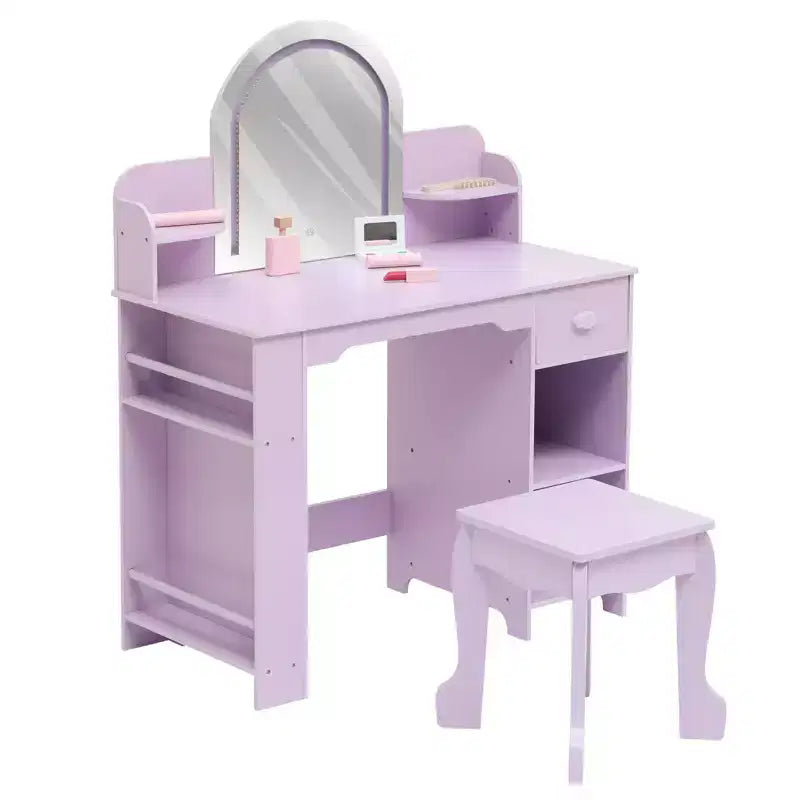 Toeletta per Bambini con Specchio Illuminato, Toeletta per Bambine con Luce LED Regolabile, Cassetto e Ripiani Aperti per Bambine dai 3 ai 9 Anni