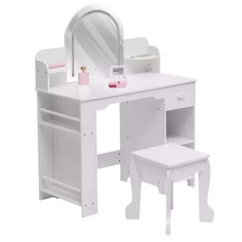 Toeletta per Bambini con Specchio Illuminato, Toeletta per Bambine con Luce LED Regolabile, Cassetto e Ripiani Aperti per Bambine dai 3 ai 9 Anni