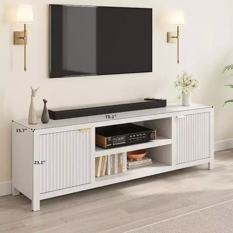 Mobile TV 80'', Porta TV Moderno con Contenitore, Mobile Multimediale in Legno con Ante a Doghe per Soggiorno Camera da Letto