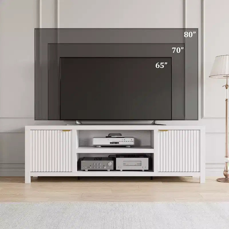 Mobile TV 80'', Porta TV Moderno con Contenitore, Mobile Multimediale in Legno con Ante a Doghe per Soggiorno Camera da Letto