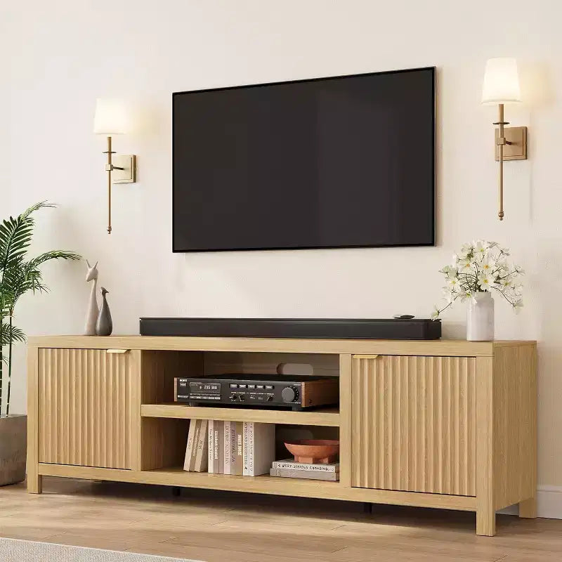 Mobile TV 80'', Porta TV Moderno con Contenitore, Mobile Multimediale in Legno con Ante a Doghe per Soggiorno Camera da Letto