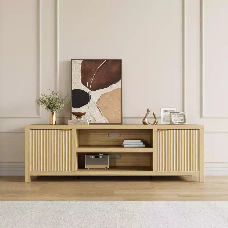 Mobile TV 80'', Porta TV Moderno con Contenitore, Mobile Multimediale in Legno con Ante a Doghe per Soggiorno Camera da Letto