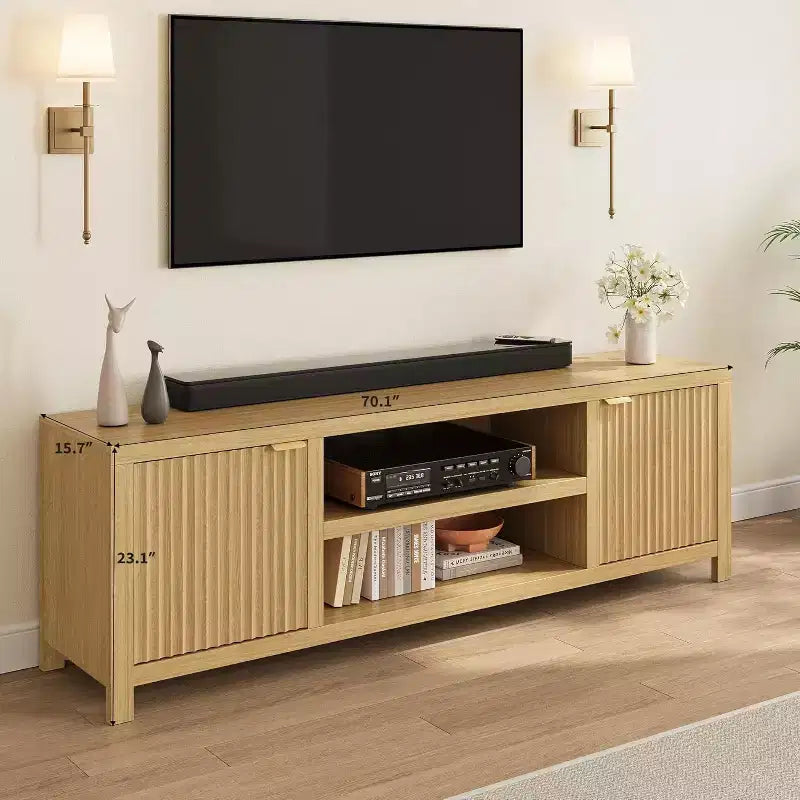 Mobile TV 80'', Porta TV Moderno con Contenitore, Mobile Multimediale in Legno con Ante a Doghe per Soggiorno Camera da Letto