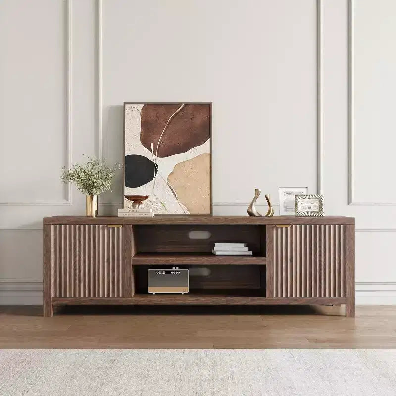 Mobile TV 80'', Porta TV Moderno con Contenitore, Mobile Multimediale in Legno con Ante a Doghe per Soggiorno Camera da Letto