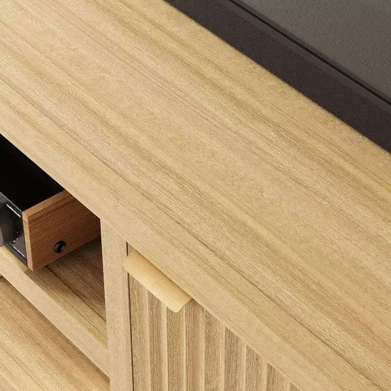 Mobile TV 80'', Porta TV Moderno con Contenitore, Mobile Multimediale in Legno con Ante a Doghe per Soggiorno Camera da Letto