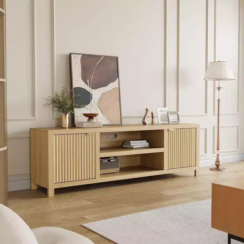 Mobile TV 80'', Porta TV Moderno con Contenitore, Mobile Multimediale in Legno con Ante a Doghe per Soggiorno Camera da Letto