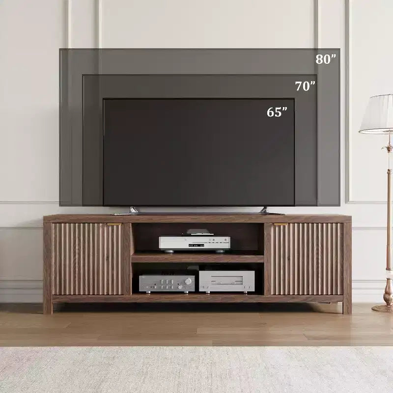 Mobile TV 80'', Porta TV Moderno con Contenitore, Mobile Multimediale in Legno con Ante a Doghe per Soggiorno Camera da Letto