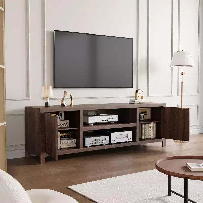 Mobile TV 80'', Porta TV Moderno con Contenitore, Mobile Multimediale in Legno con Ante a Doghe per Soggiorno Camera da Letto