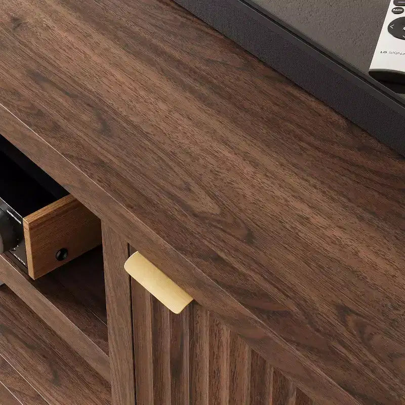 Mobile TV 80'', Porta TV Moderno con Contenitore, Mobile Multimediale in Legno con Ante a Doghe per Soggiorno Camera da Letto