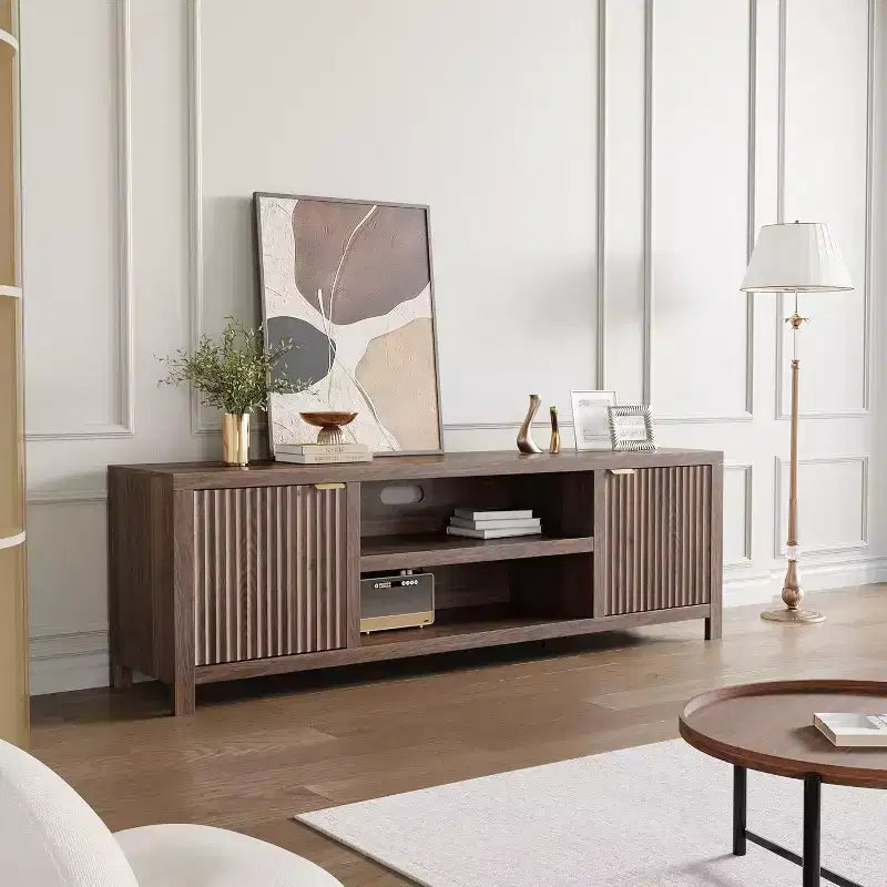 Mobile TV 80'', Porta TV Moderno con Contenitore, Mobile Multimediale in Legno con Ante a Doghe per Soggiorno Camera da Letto