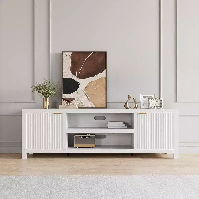 Mobile TV 80'', Porta TV Moderno con Contenitore, Mobile Multimediale in Legno con Ante a Doghe per Soggiorno Camera da Letto