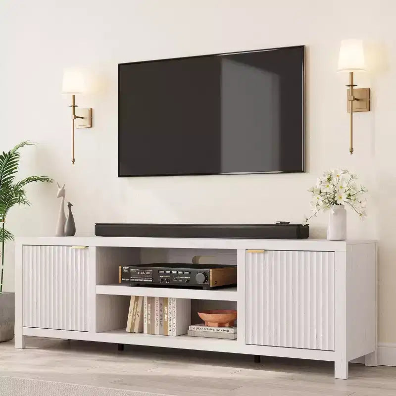 Mobile TV 80'', Porta TV Moderno con Contenitore, Mobile Multimediale in Legno con Ante a Doghe per Soggiorno Camera da Letto