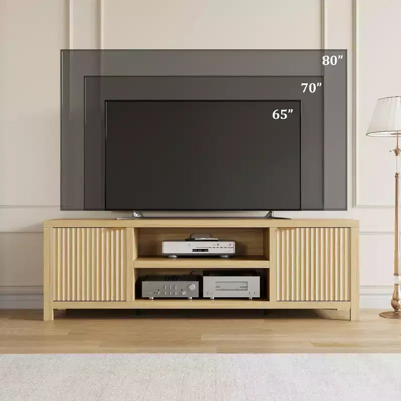 Mobile TV 80'', Porta TV Moderno con Contenitore, Mobile Multimediale in Legno con Ante a Doghe per Soggiorno Camera da Letto