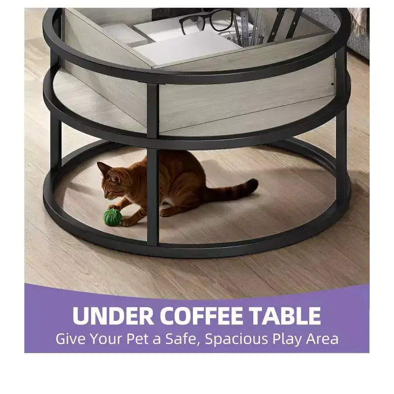 Tavolino da caffè rotondo con piano sollevabile, contenitore e scomparto nascosto, in legno, stile rustico, per soggiorno