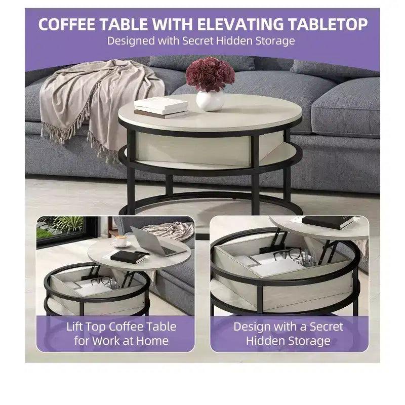Tavolino da caffè rotondo con piano sollevabile, contenitore e scomparto nascosto, in legno, stile rustico, per soggiorno