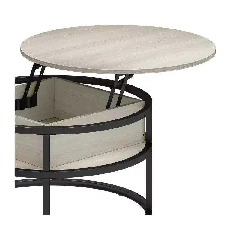 Tavolino da caffè rotondo con piano sollevabile, contenitore e scomparto nascosto, in legno, stile rustico, per soggiorno
