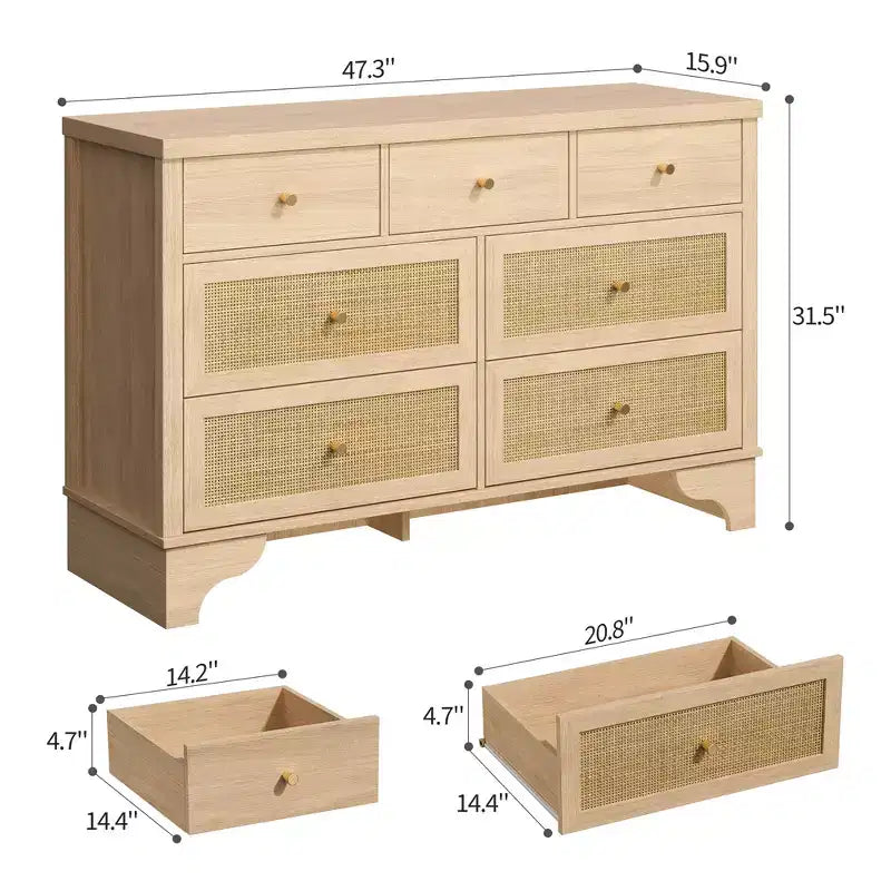 Cassettiera a 7 cassetti per camera da letto, cassettiera in rattan larga 120 cm, cassettiera grande, organizer boho per soggiorno, ingresso e corridoio