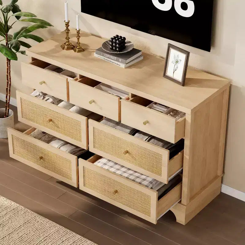 Cassettiera a 7 cassetti per camera da letto, cassettiera in rattan larga 120 cm, cassettiera grande, organizer boho per soggiorno, ingresso e corridoio